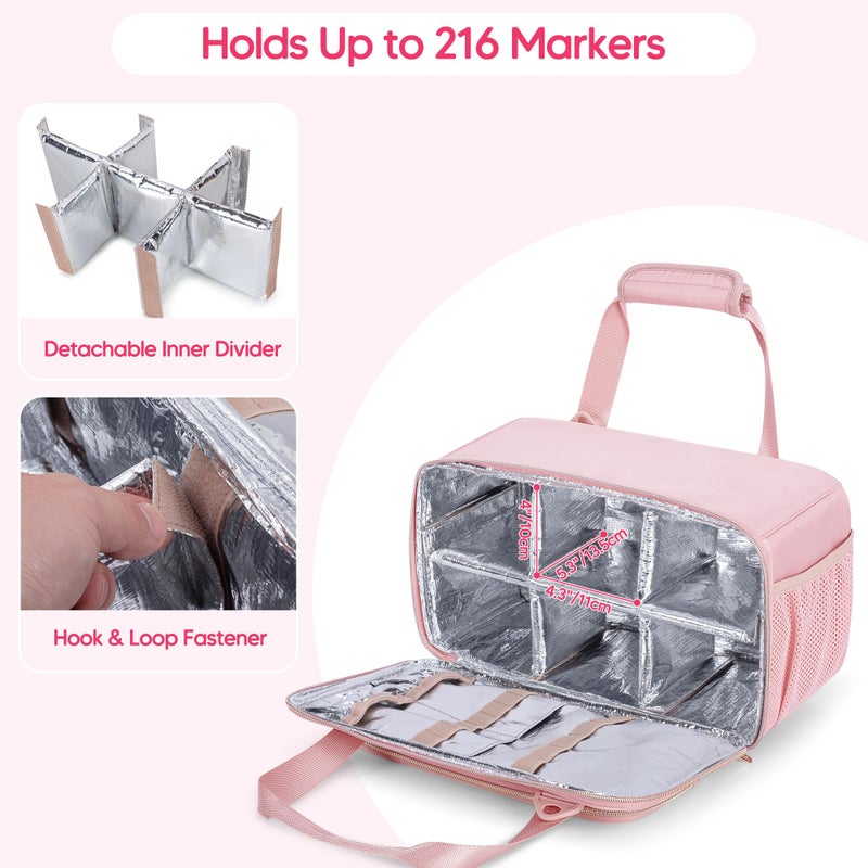 Prokva Marker Organizer Case Holding up to 216 Markers, Marker Storage Carrying Bag, Large Marker Holder with Shoulder Strap, Pink - Image 3